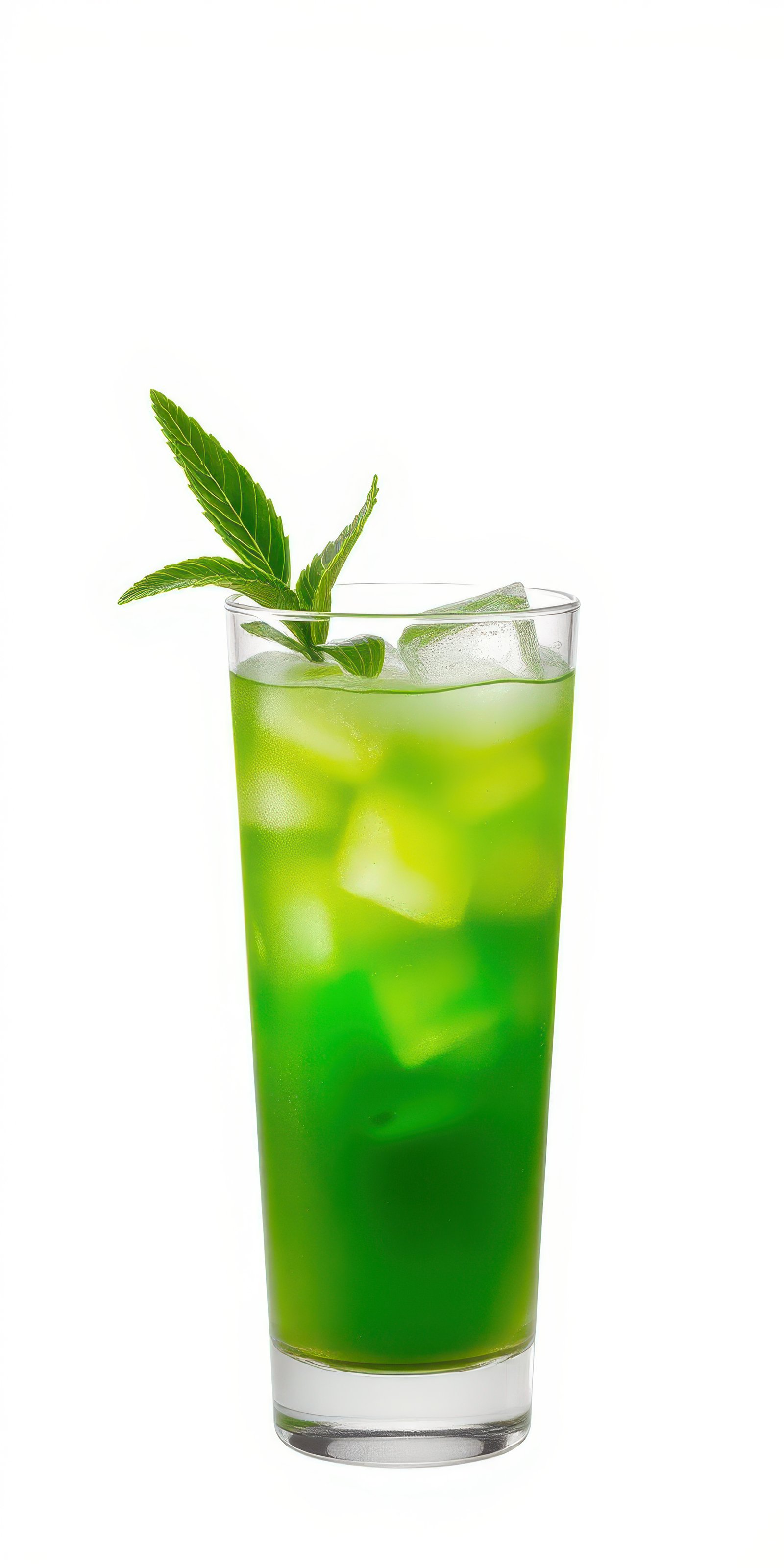 Refreshing green beverage served in a tall glass with ice and garnish